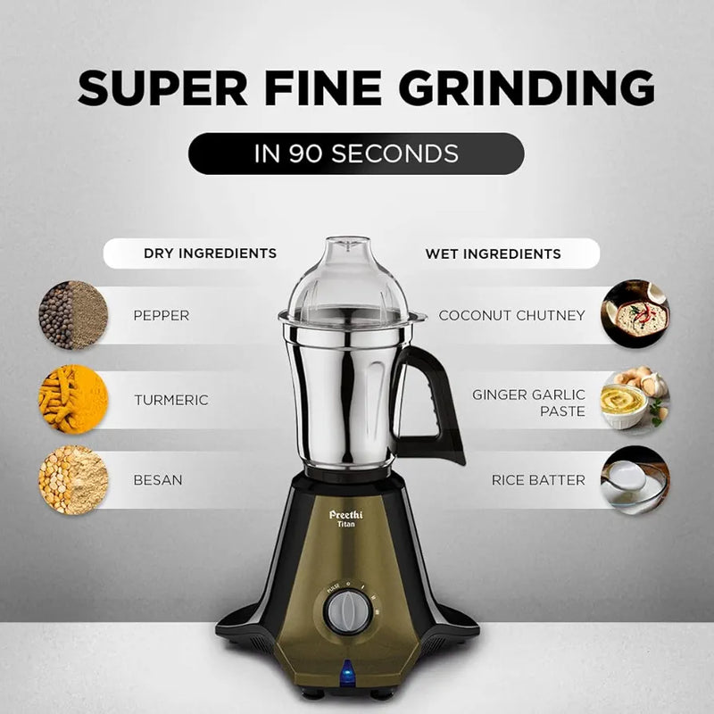Preethi Titan Mixer Grinder for Kitchen | 3 Jars 1000W Mixie| Black  Plastic