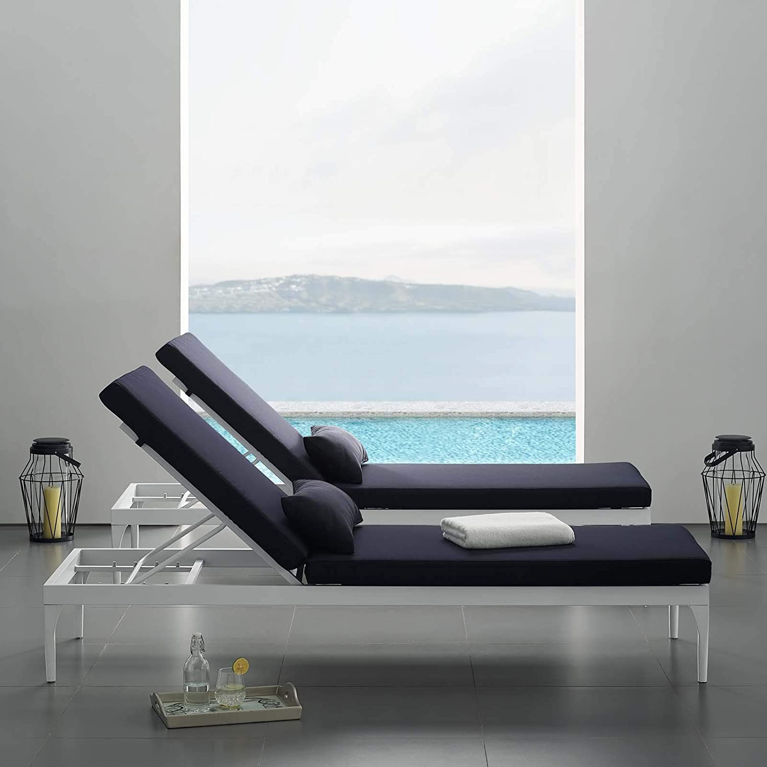 Daley Outdoor Swimming Poolside Lounger (White + Navy Blue) Set of 2