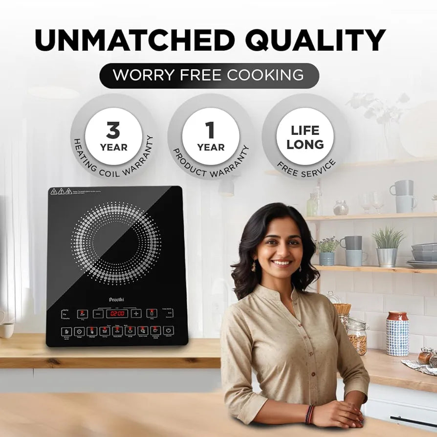 Preethi Indicook IC125 Induction Cooktop, 2100-Watt Electric Stove with Feather Touch Operation and Crystal Glass 