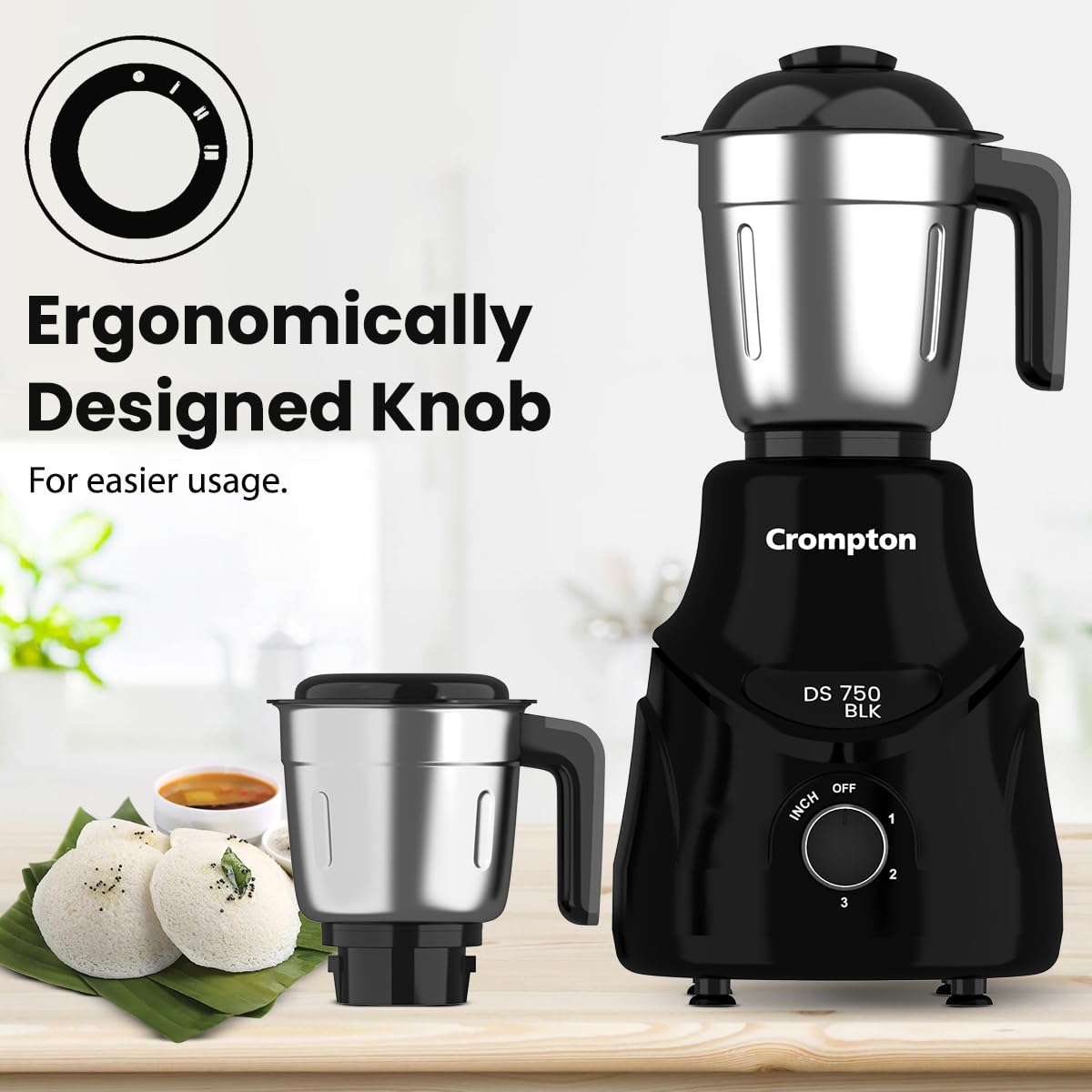 CROMPTON DS 750W Mixer Grinder- 750W Powertron Motor for faster grinding results | Motor Vent-X for durability | 4 Jars (1.5L with FF, 1.5, 1L, 0.4L) 2 Years Warranty on Product & Motor.