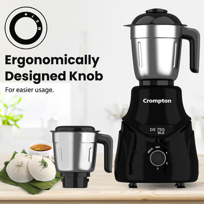 CROMPTON DS 750W Mixer Grinder- 750W Powertron Motor for faster grinding results | Motor Vent-X for durability | 4 Jars (1.5L with FF, 1.5, 1L, 0.4L) 2 Years Warranty on Product & Motor.