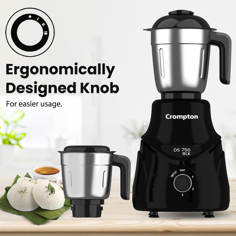 CROMPTON DS 750W Mixer Grinder- 750W Powertron Motor for faster grinding results | Motor Vent-X for durability | 4 Jars (1.5L with FF, 1.5, 1L, 0.4L) 2 Years Warranty on Product & Motor.