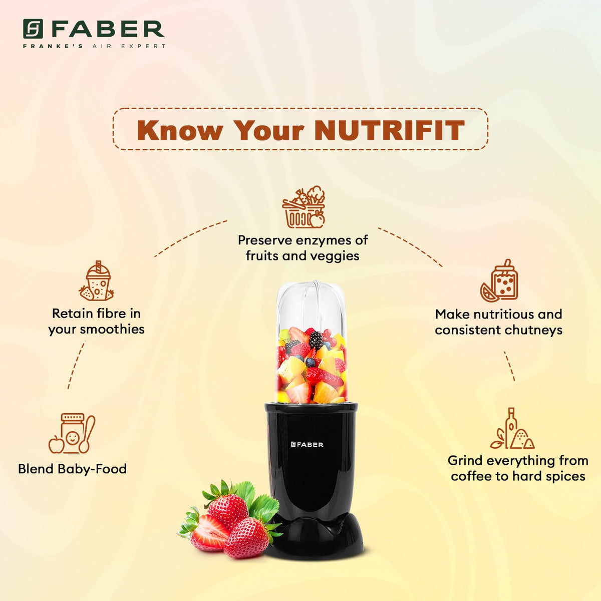 Faber Sportz 2-in-1 Nutrifit Nero Blender Mixer Grinder - 400W, 100% Copper Motor, Detachable SS Blade, 500ML & 300ML Ja