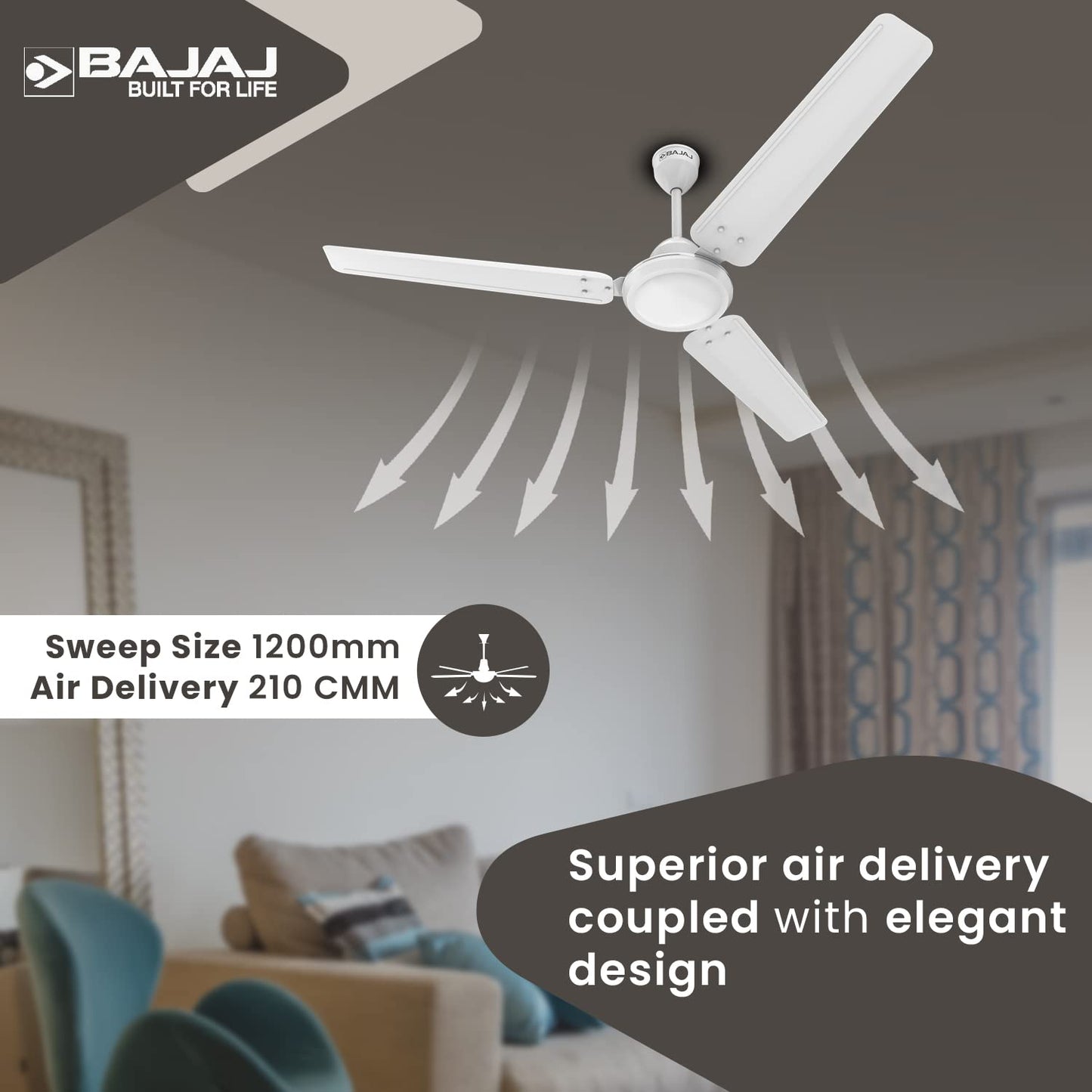 Bajaj Durato 12S1 1200MM (48") Ceiling Fans For Home | BEE Star Rated Energy Efficient Ceiling Fan | Thermatuff Technology™ | High Air Delivery & High Speed 400 RPM | 3-Yr Warranty 【White】