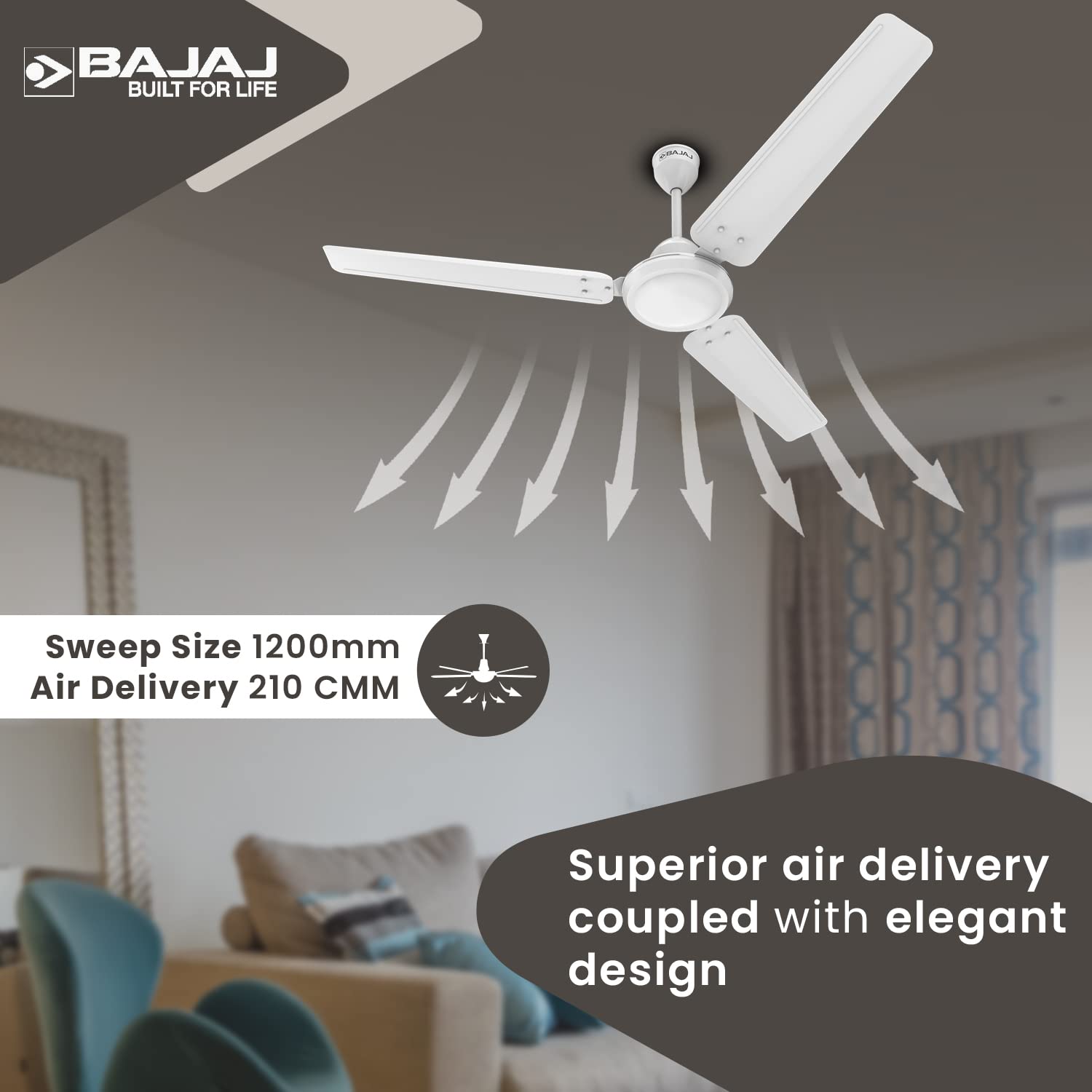 Bajaj Durato 12S1 1200MM (48") Ceiling Fans For Home | BEE Star Rated Energy Efficient Ceiling Fan | Thermatuff Technology™ | High Air Delivery & High Speed 400 RPM | 3-Yr Warranty 【White】