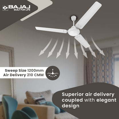 Bajaj Durato 12S1 1200MM (48") Ceiling Fans For Home | BEE Star Rated Energy Efficient Ceiling Fan | Thermatuff Technology™ | High Air Delivery & High Speed 400 RPM | 3-Yr Warranty 【White】