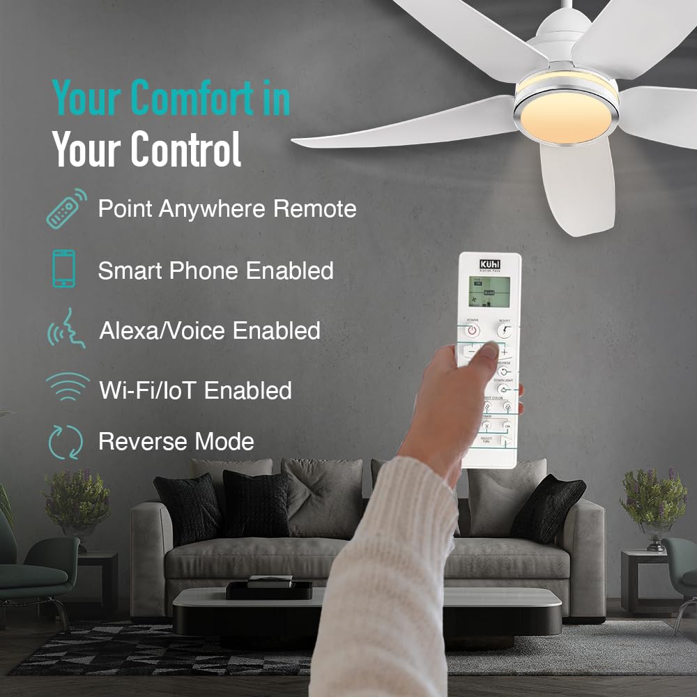 KUHL Luxus C5 1200mm Stylish 65% Power Saving BLDC Ceiling Fan with Remote | Night & Down Light|29W |BEE 5 Star | Low Noise | IoT Operate via Mobile & Alexa | Reverse Mode | Free Installation | White