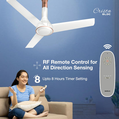 Havells 1200mm Crista BLDC Motor Ceiling Fan | Premium Finish with RF Remote, 100% Copper, Upto 60% Energy Saving | Low Noise: 55dB, 2 Year Warranty | (Pack of 1, Pearl White LT Copper)
