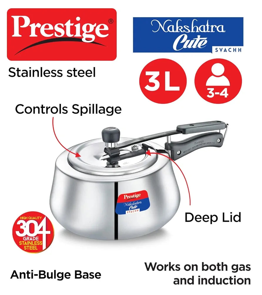 Prestige 3Litre Stainless Steel Nakshatra Cute Svachh Pressure Cooker|Deep Inner lid for spillage control|Induction compatible|3 layers sandwich bottom|Heavy gauge body|5 years warranty|ISI Certified