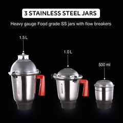 USHA Thunderbolt Pro 1000 Watts Copper Motor Mixer Grinder With 4 Jars|3 Heavy Gauge Food Grade Ss&1 Pc Transparent Break-Resistant Blender Jar With Fruit Filter|2 Yr Product&5Yrs Motor Warranty(Red)