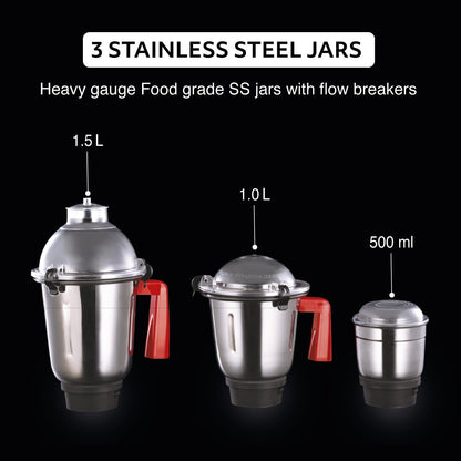 USHA Thunderbolt Pro 1000 Watts Copper Motor Mixer Grinder With 4 Jars|3 Heavy Gauge Food Grade Ss&1 Pc Transparent Break-Resistant Blender Jar With Fruit Filter|2 Yr Product&5Yrs Motor Warranty(Red)