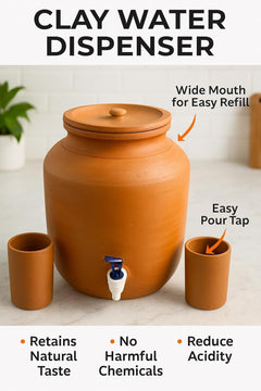 Clay Water Camper with 2 Glass Containers, Traditional Matka Style Earthen Dispenser, Handmade Natural Clay Pot for Drinking Water, Cool Water Storage Jug for Home, Kitchen (7, litres)