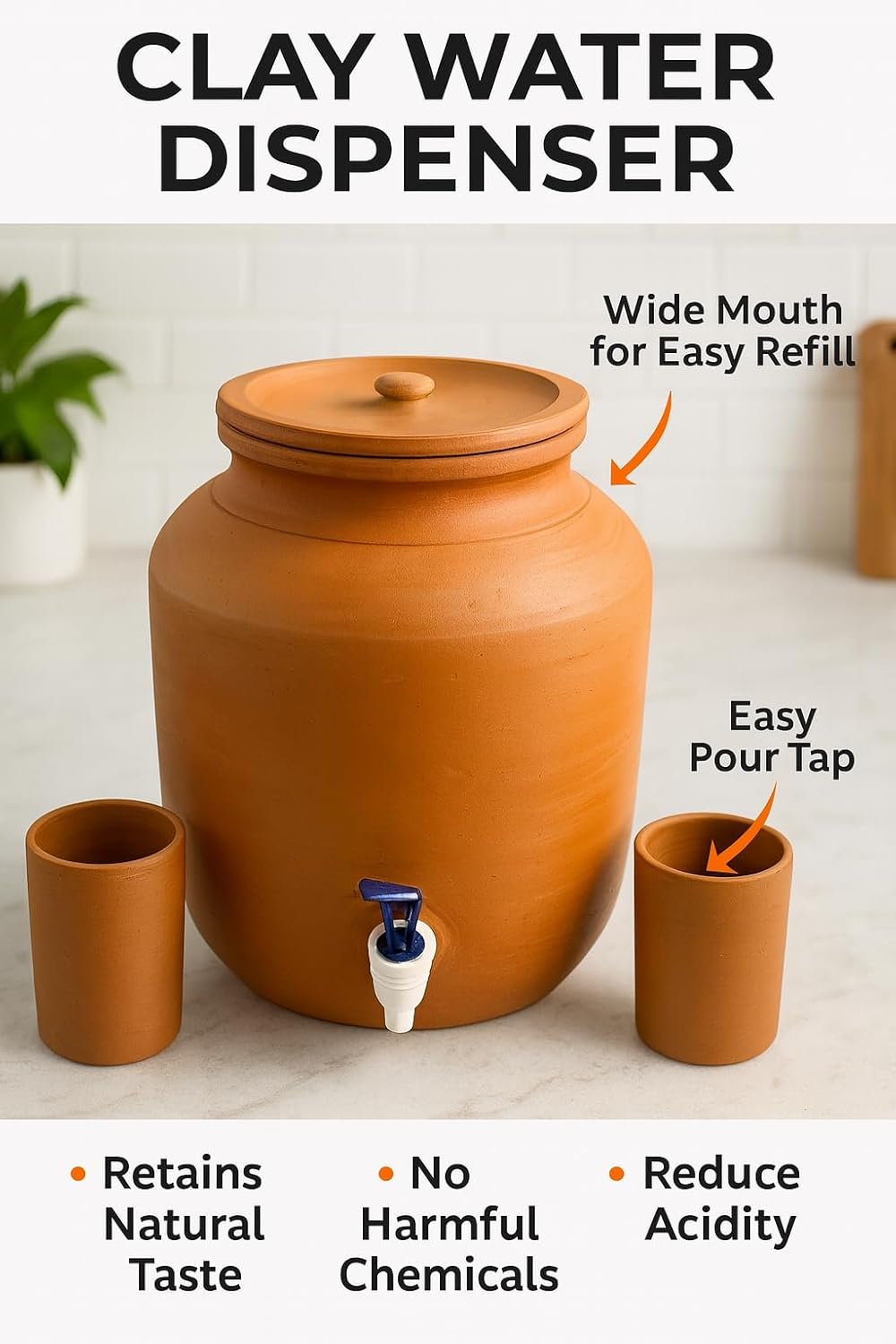Clay Water Camper with 2 Glass Containers, Traditional Matka Style Earthen Dispenser, Handmade Natural Clay Pot for Drinking Water, Cool Water Storage Jug for Home, Kitchen (10, litres)