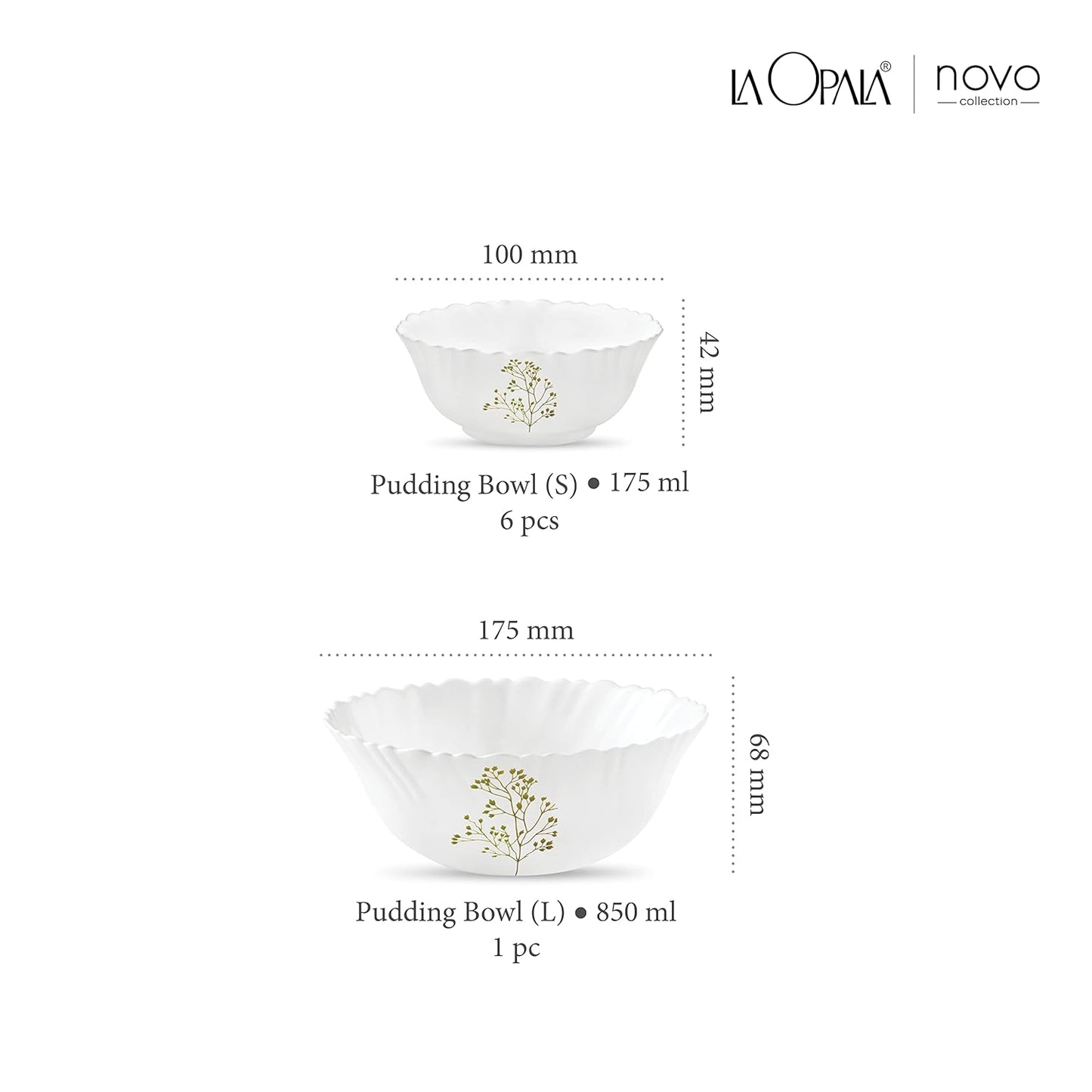 La Opala Novo Collection Opal Glass Crockery | Gift Set of 7 | Pudding Set 7 pcs Blissfull Green | Bowls for Desserts & Gifting | Microwave Safe | 100% Vegetarian | Extra Strong | Light & White