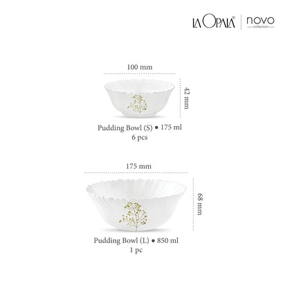 La Opala Novo Collection Opal Glass Crockery | Gift Set of 7 | Pudding Set 7 pcs Blissfull Green | Bowls for Desserts & Gifting | Microwave Safe | 100% Vegetarian | Extra Strong | Light & White