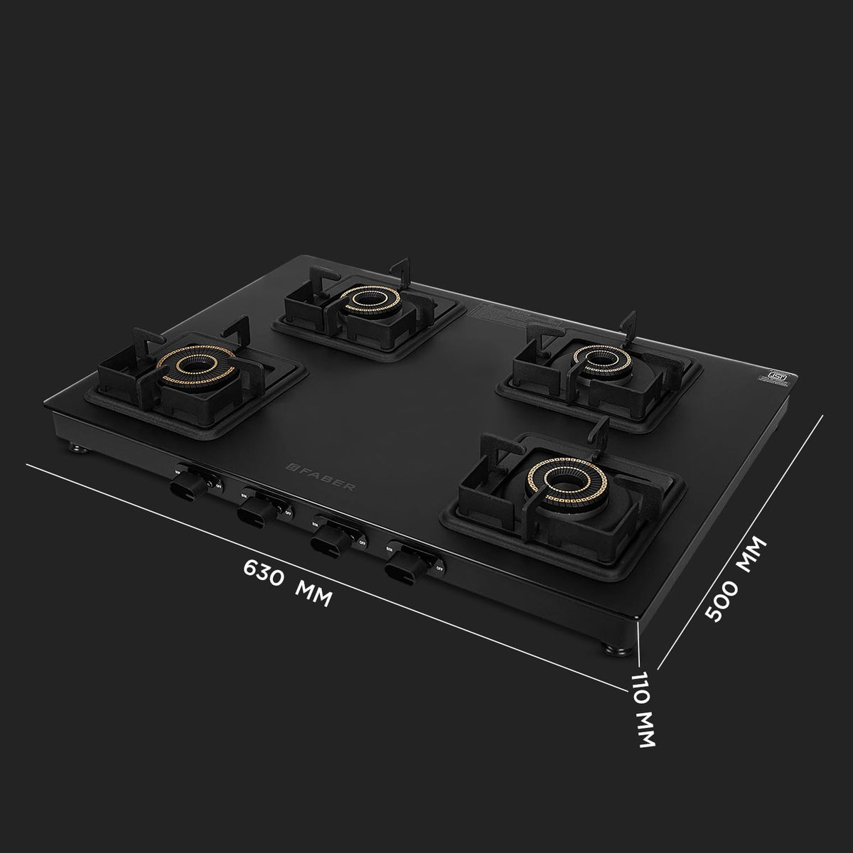 Faber 4 Burner 63Cm Cooktop |Auto Ignition| |Metal Knobs| MS Diamond Coated Pan Support | Matt Black Glass Finish |5 Yrs