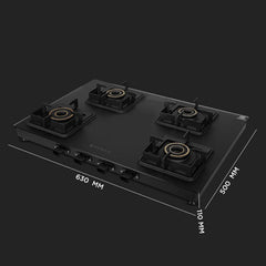 Faber 4 Burner 63Cm Cooktop |Auto Ignition| |Metal Knobs| MS Diamond Coated Pan Support | Matt Black Glass Finish |5 Yrs