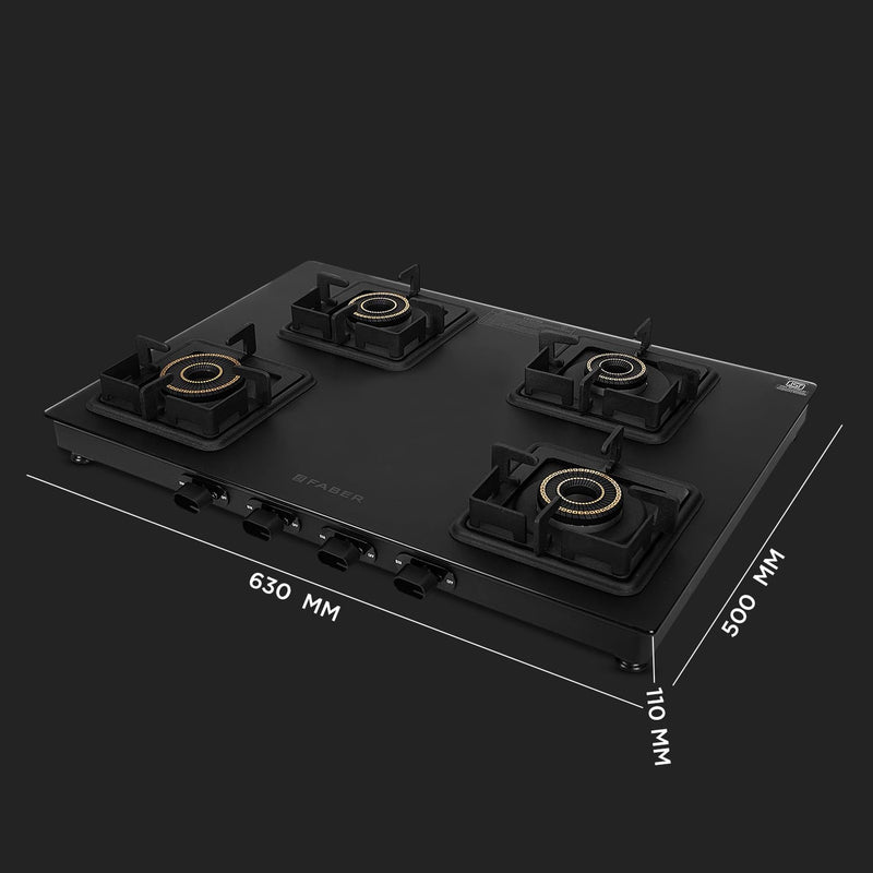 Faber Blossom Black Matt Glass Finish Cooktop| 4 Brass Burners-1Jumbo, 2Medium & 1Small |Manual Ignition | Heavy Pan Sup