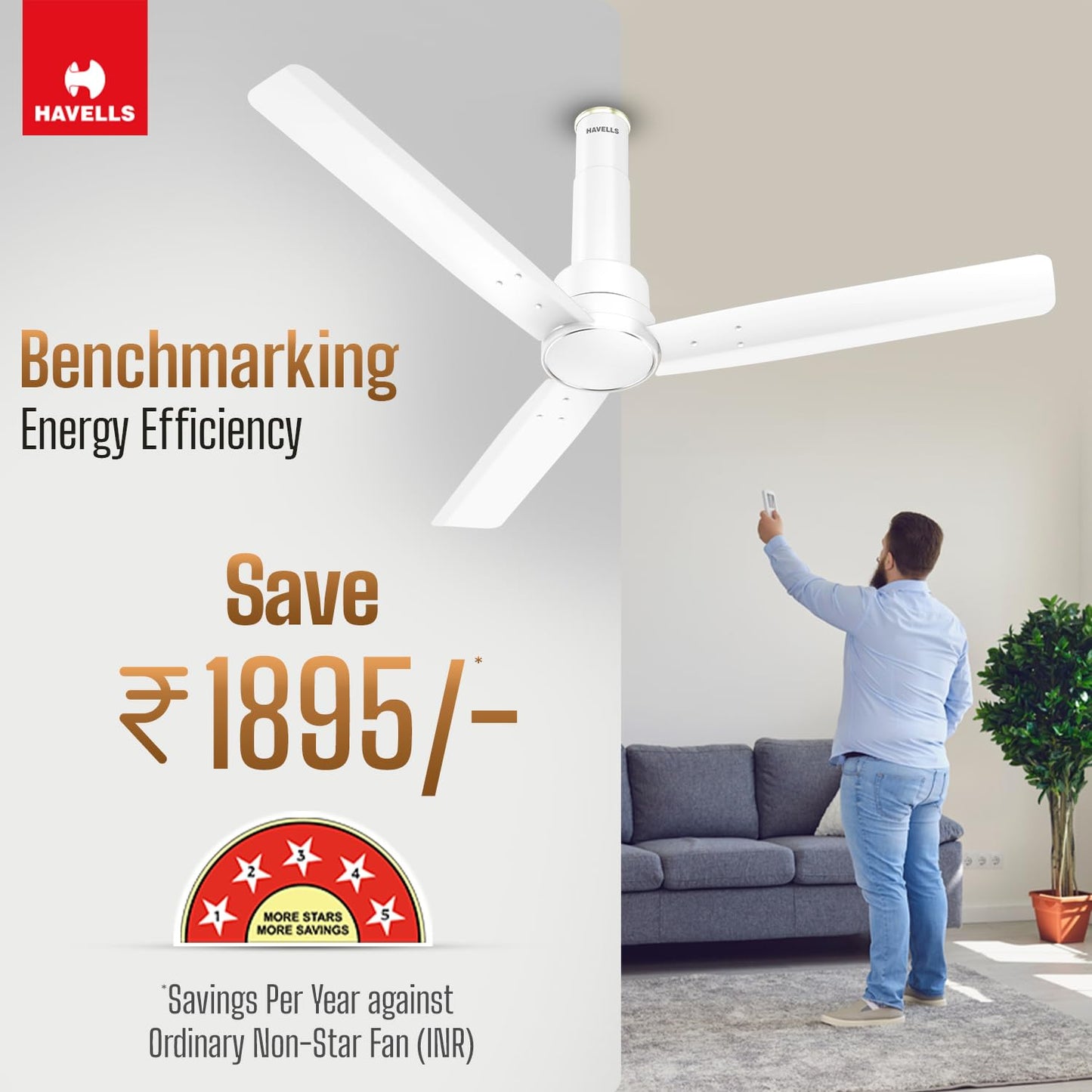 Havells 1200mm Elio BLDC Ceiling Fan | Remote Controlled, High Air Delivery Fan | 5 Star Rated, Upto 60% Energy Saving, 2+1* Year Warranty | (Pack of 1, Elegant White)