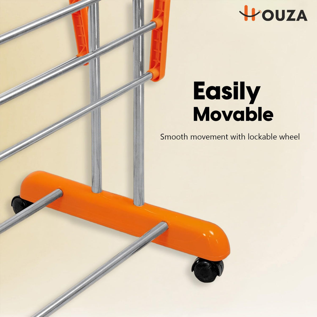 HOUZA Stainless Steel Clothes Drying Stand | 3 Layer Foldable Cloth Dryer Stand with Wheels | 6 Foldable Wings - Orange