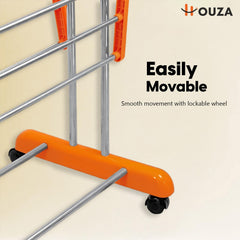HOUZA Stainless Steel Clothes Drying Stand | 3 Layer Foldable Cloth Dryer Stand with Wheels | 6 Foldable Wings - Orange