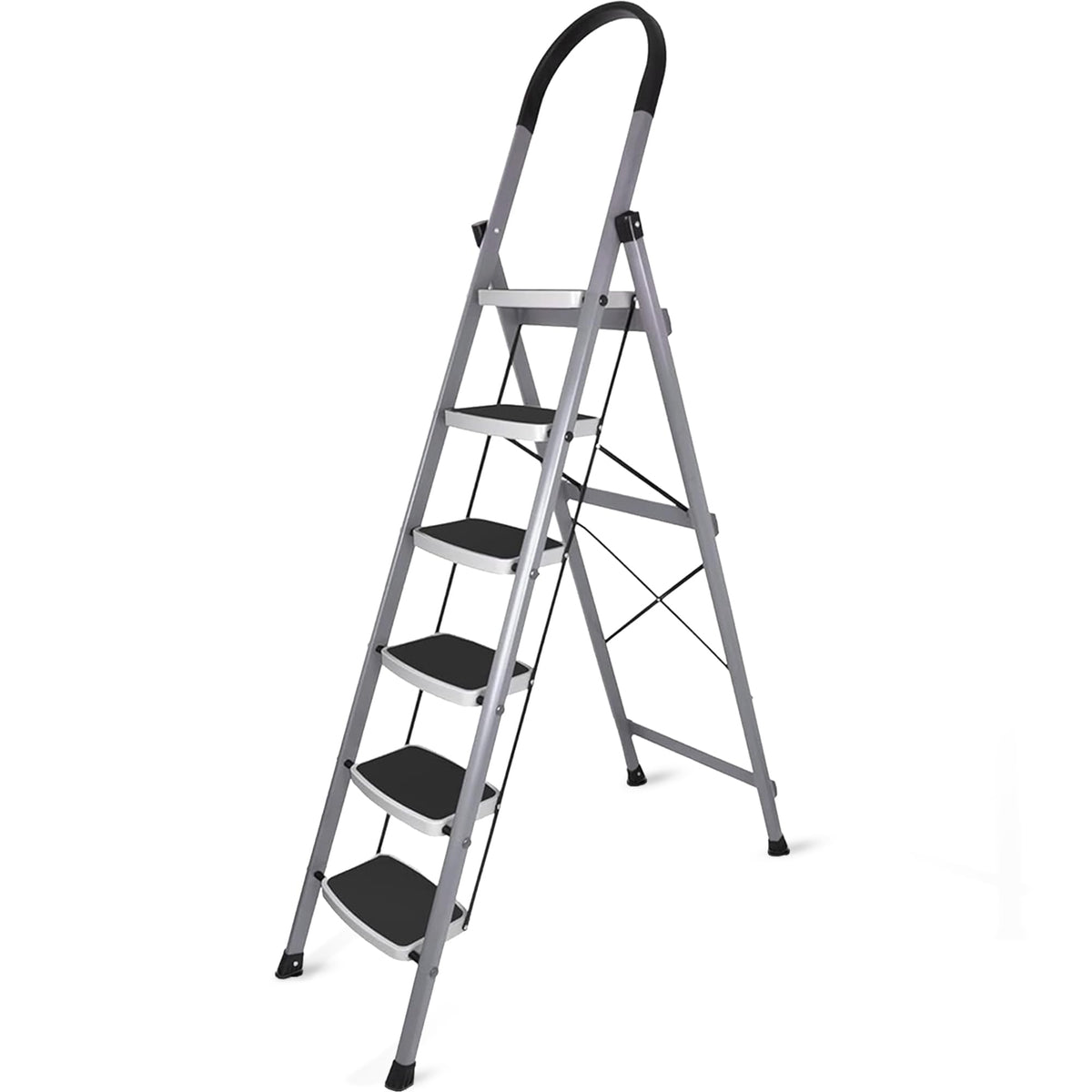 HOUZA Steel Ladder for Home 6 Steps Foldable with Anti-Skid Wide Steps (30cm x 20cm) | 6 Step Ladder for Home Use with D-Shape Rods | Secure Lock | 150 Kg Capacity Folding Ladder | 5 Year Warranty