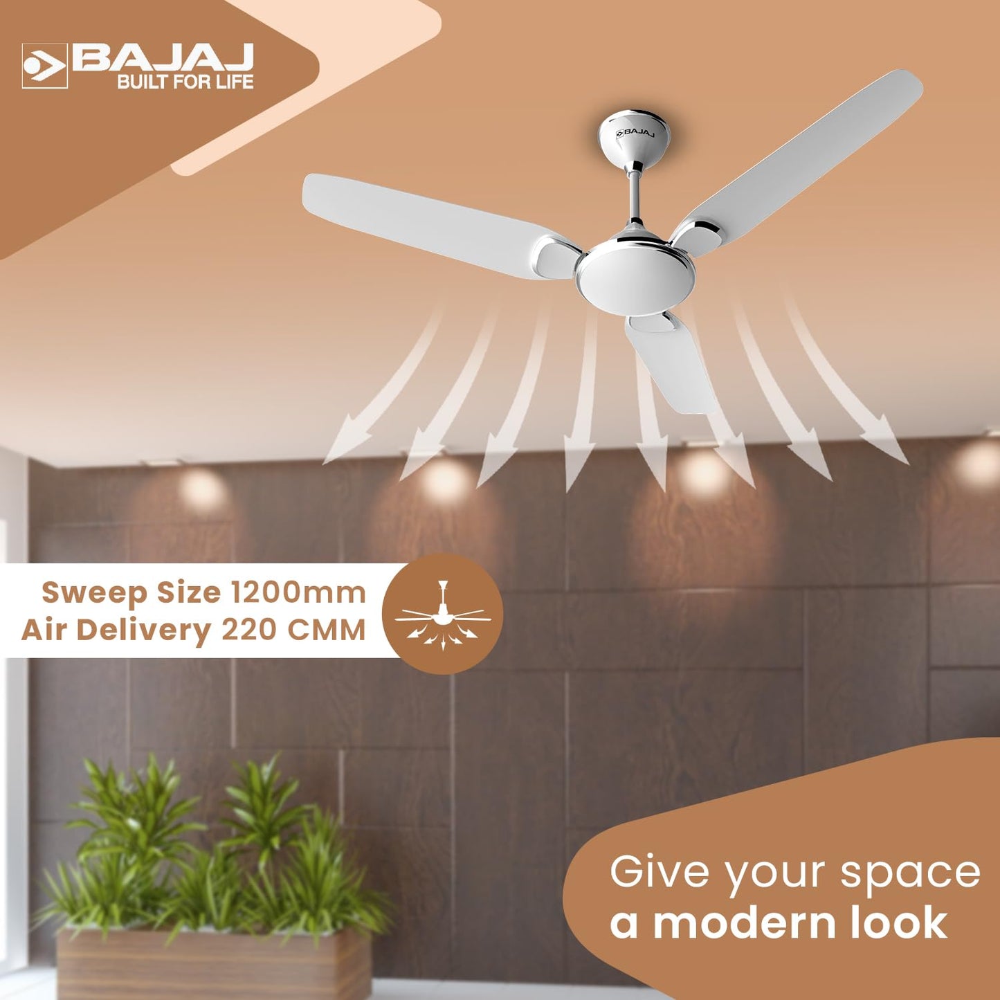 BAJAJ Trendy EE 1200 Mm Ceiling Fan | Energy Efficient With BEE 1-Star Rated | 2 Years Warranty【Snowy White 】