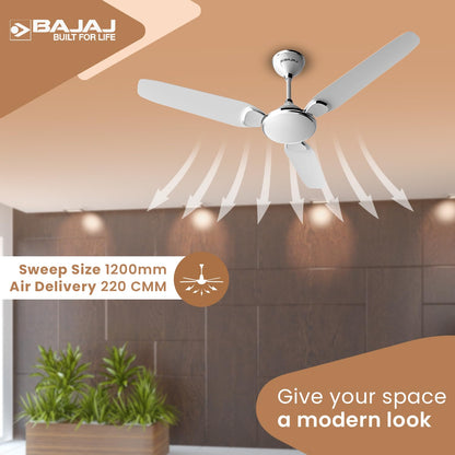 BAJAJ Trendy EE 1200 Mm Ceiling Fan | Energy Efficient With BEE 1-Star Rated | 2 Years Warranty【Snowy White 】