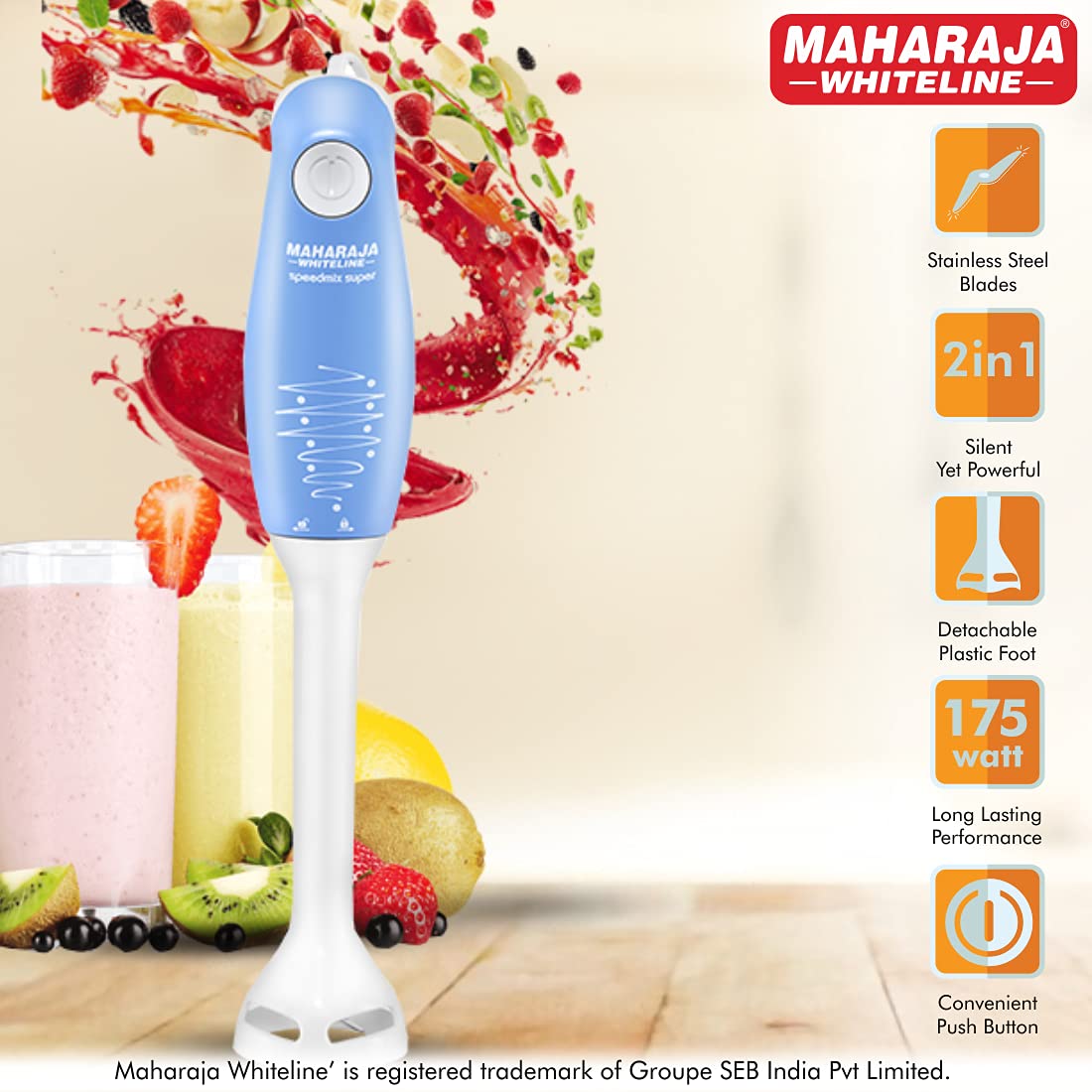 Maharaja Whiteline Hb-129 175 Watt Hand Blender, Stainless Steel Blades, Long Lasting Performance With 175W Motor, Detachable Anti Splash Plastic Foot (Blue And White, 175 Watt)