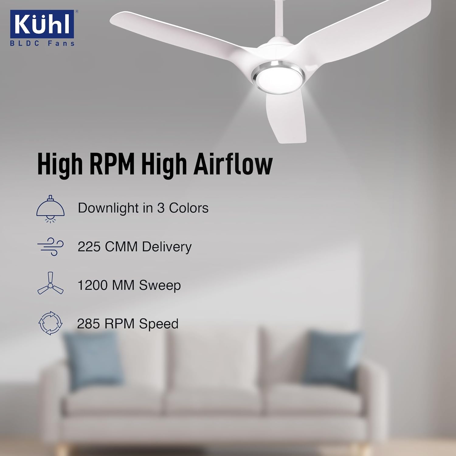 KUHL Meridian M1 1200MM 65% Power Saving BLDC Ceiling Fan With Remote | BEE 5 Star Rated & ISI Marked | High Air Flow | Down Light & Reverse Mode | 5 Year Warranty on Motor | Free Installation |White