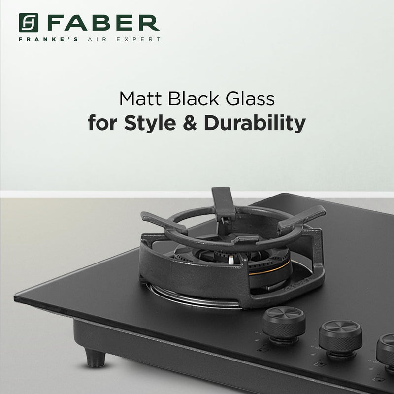 Faber Della 3 Burner 78cm Hob With Auto-Ignition, Brass Burner, Cast Iron Pan Support, Cooktop Hybrid, Matt Black Glass 