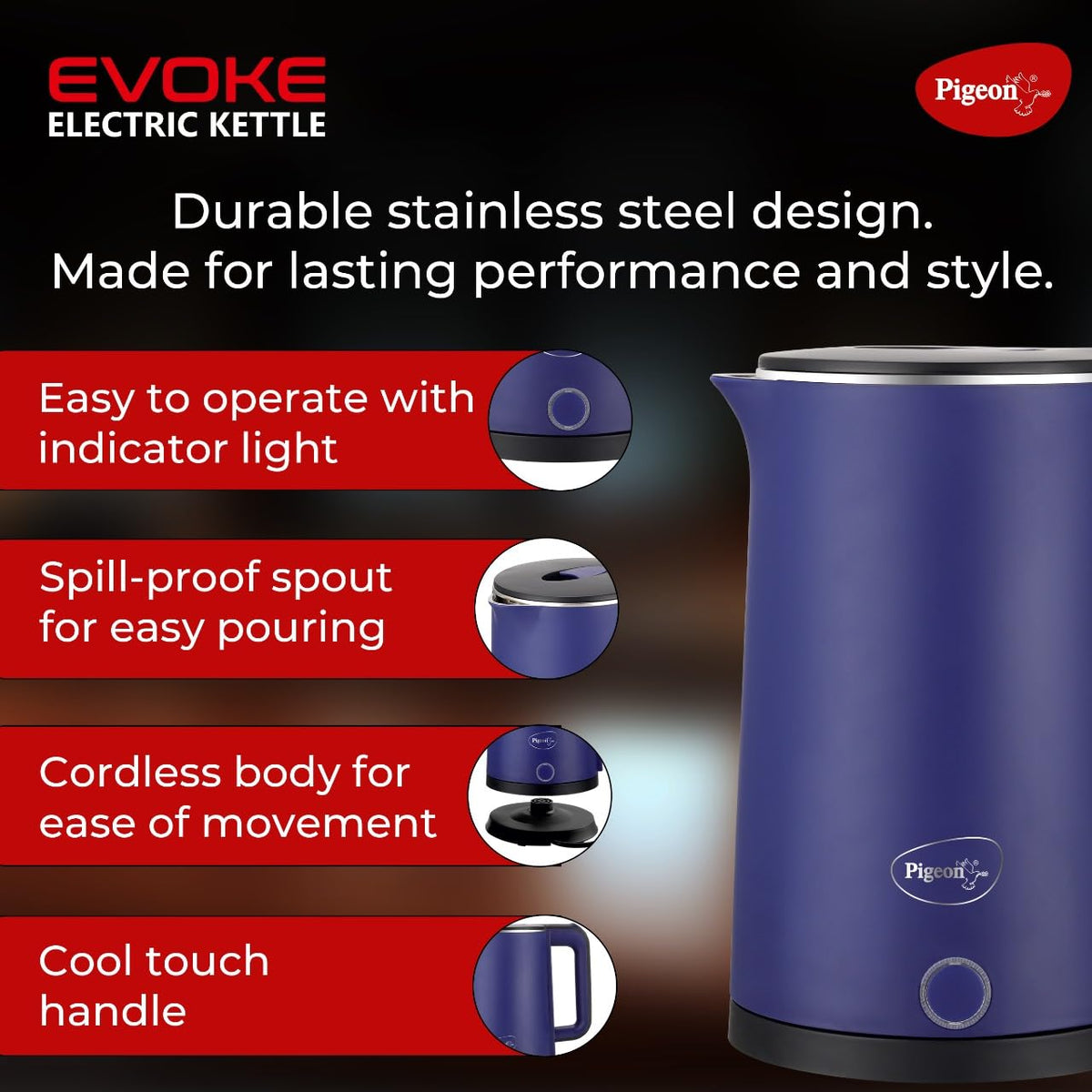 Pigeon by Stovekraft Evoke Electric Kettle with Stainless Steel Body, 1.8 Litre