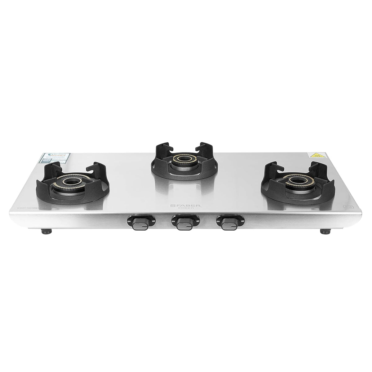 Faber Ember Stainless Steel Cooktop | 3 Brass Burners (Jumbo, Medium & Small |Manual Ignition | Diamond-Coated Pan Suppo
