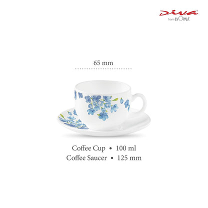 La Opala Diva, Opal Glass Crockery | Coffee Cup & Saucer Iris, Set of 12 | Aster Blue, 100 ml | for Tea & Coffee | Microwave Safe | 100% Vegetarian | Extra Strong | Super Light | Super White