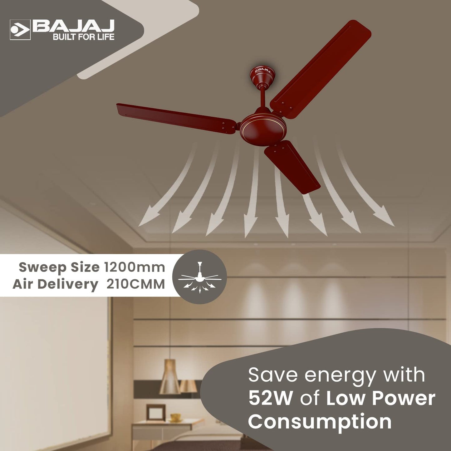 Bajaj Frore Turbo1200 MM (48") 1 Star Rated Ceiling Fans For Home | BEE Star Rated Energy Efficient Ceiling Fan | Rust Free Coating For Long Life | High Air Delivery | 2-Yr Warranty 【Brown】