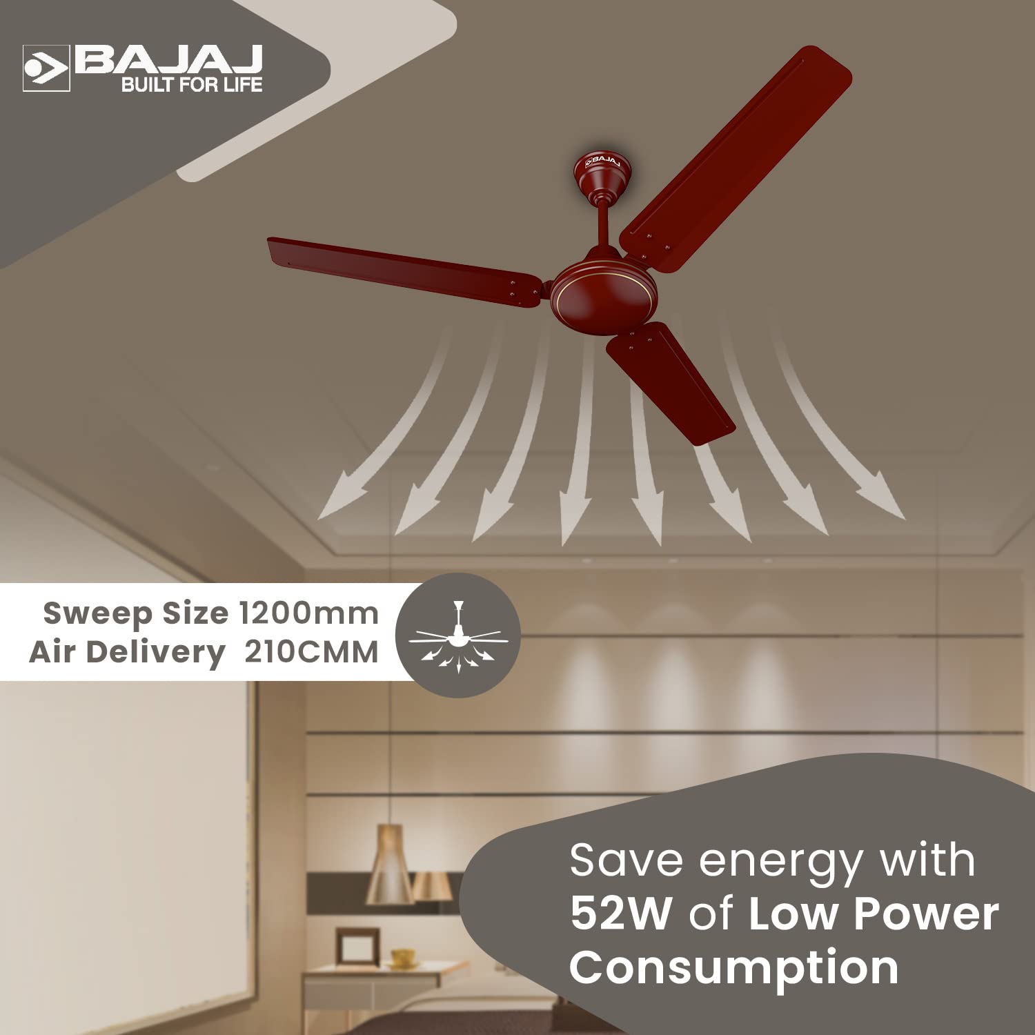 Bajaj Frore Turbo1200 MM (48") 1 Star Rated Ceiling Fans For Home | BEE Star Rated Energy Efficient Ceiling Fan | Rust Free Coating For Long Life | High Air Delivery | 2-Yr Warranty 【Brown】