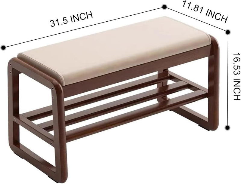 Mid-Century Elegant Wooden Shoe Bench with Padded Seat – 2-Tier Shoe Rack for Entryway, Living Room, or Bedroom