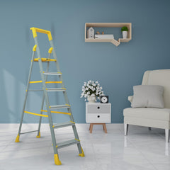 BonKaso Climb Lite Pro+ 6 Step - Foldable Ladder with Tool Tray (125W x 185H Cm)| Heavy-Duty, Anti-Slip & Firm Grip, Load Capacity Upto 120kg | Durable & Portable (Aluminium Steps, Yellow & Satin)