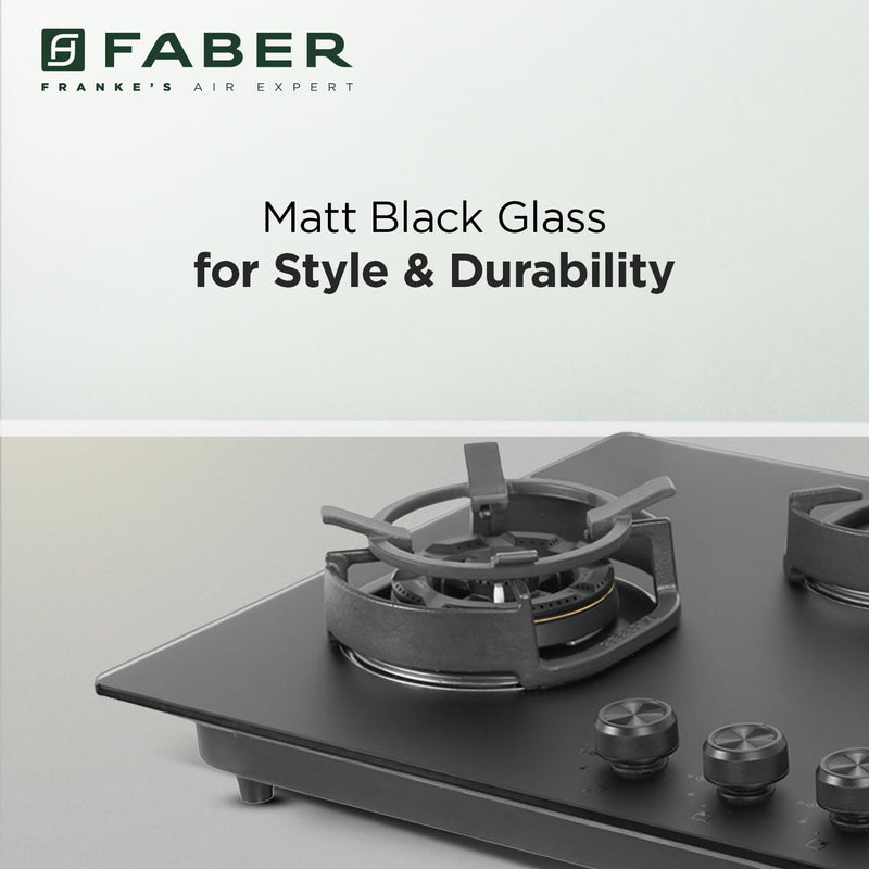Faber Della 4 Burner 90cm Hob With Auto-Ignition, Brass Burner, Cast Iron Pan Support, Cooktop Hybrid, Matt Black Glass 