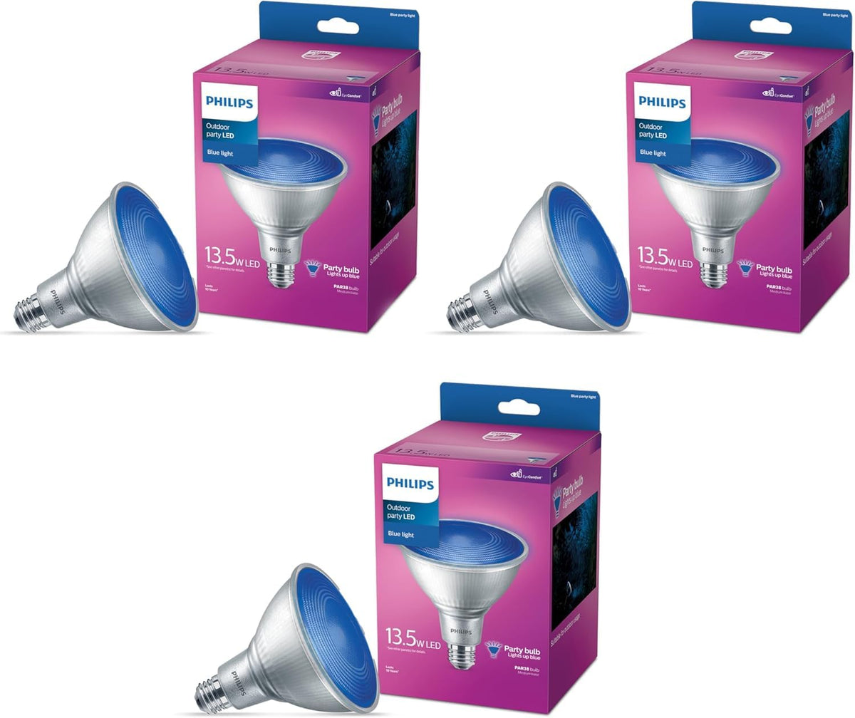 Philips LED 90W PAR38 3-Pack Outdoor Blue Party (3000K) (13.5W = 90W) Flicker-Free Light Bulbs (Pack of 3)