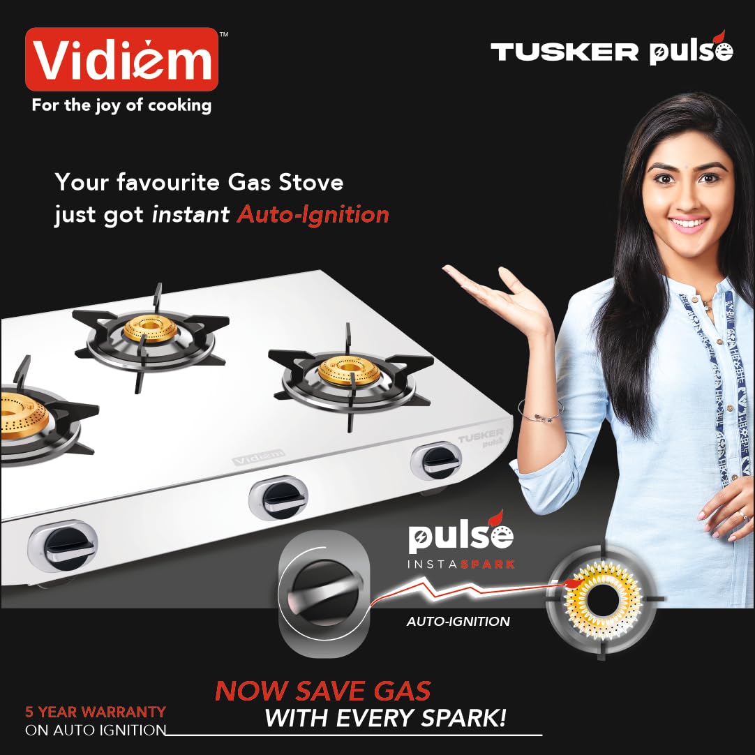 Vidiem Tusker Pulse Stainless Steel 3 Burner Gas Stove with Brass Burners, Auto Ignition Gas Stove, High Gloss Finish, L