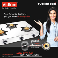 Vidiem Tusker Pulse Stainless Steel 3 Burner Gas Stove with Brass Burners, Auto Ignition Gas Stove, High Gloss Finish, L