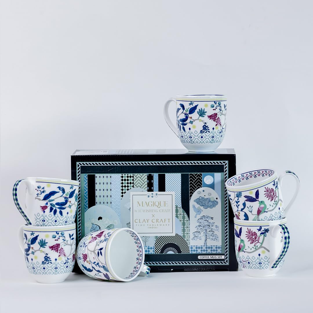 Magique by The Wishing Chair x ClayCraft : Parrot Tulip Garden Coffee Mugs Set of 6 – 250 ml Bone China Tea Cups | Floral Ceramic Mugs | Lightweight Durable Microwave & Dishwasher Safe