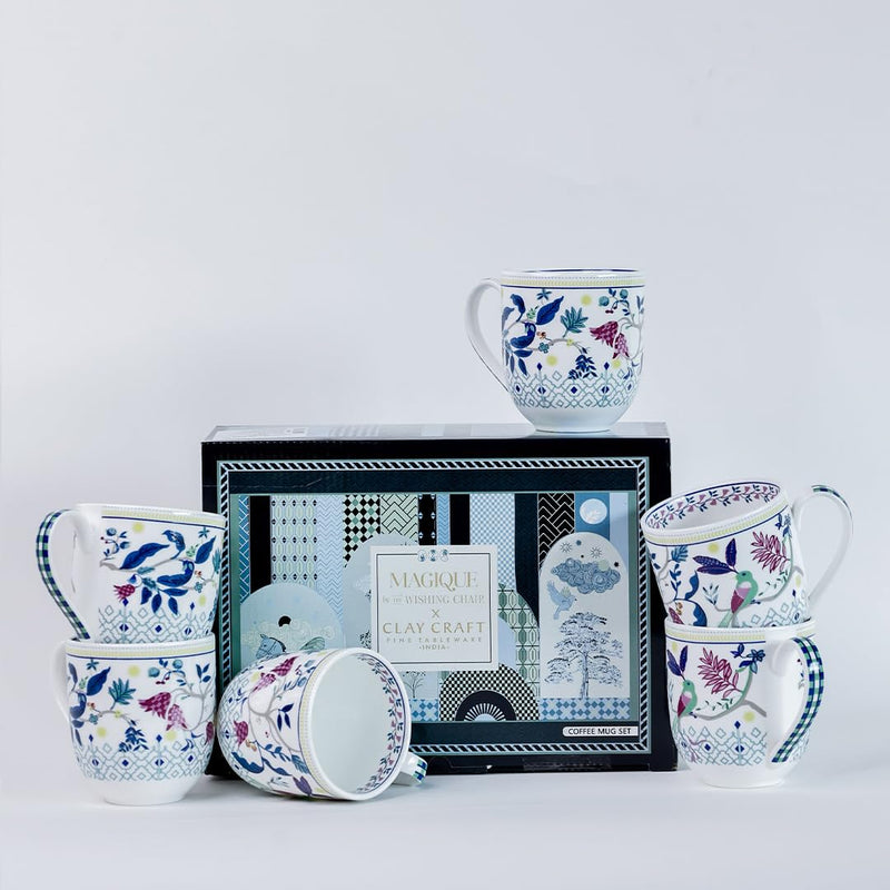 Magique by The Wishing Chair x ClayCraft : Parrot Tulip Garden Coffee Mugs Set of 6 – 250 ml Bone China Tea Cups | Floral Ceramic Mugs | Lightweight Durable Microwave & Dishwasher Safe