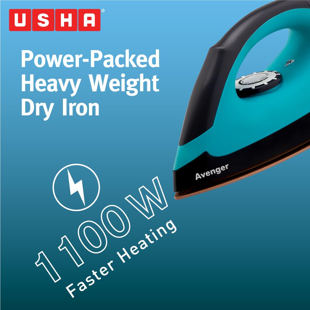 USHA Avenger 1.5 KG Heavy Weight Dry Iron| 1100W| Non-stick Coated Sole Plate For Easy Gliding & Long Life| 1.8 m Long Cord| Dual Layer Safety | 2 Year Warranty