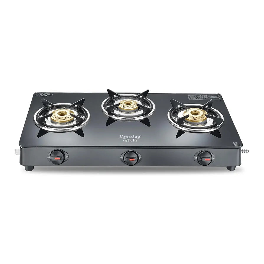 Prestige Efficia LP Open Gas Stove with Powder-Coated Body, Glass Top & 3 Brass Burners
