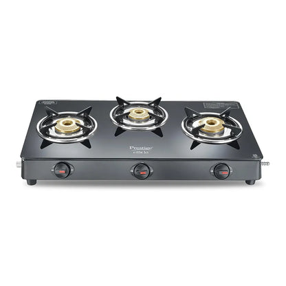 Prestige Efficia LP Open Gas Stove with Powder-Coated Body, Glass Top & 3 Brass Burners
