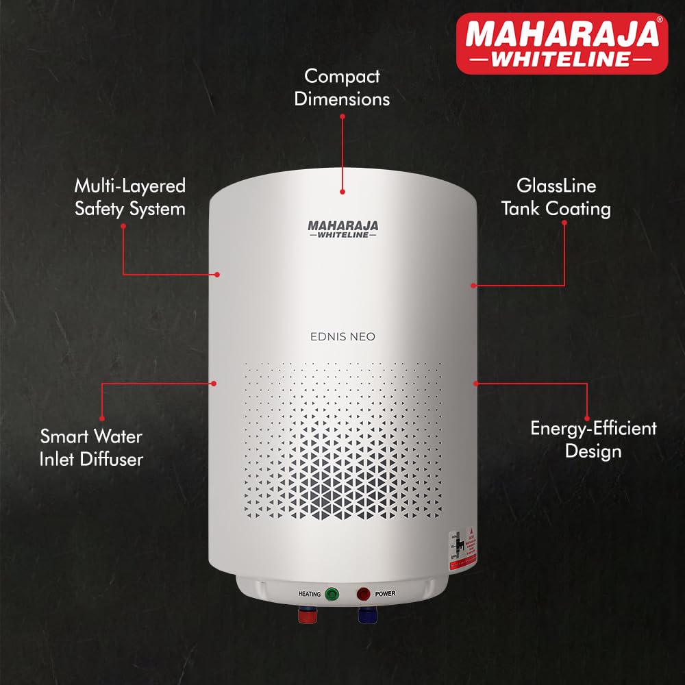Maharaja Whiteline Energy Efficient Water Heater EDNIS NEO 25L | 4-Star Rated with Polymer-Coated Inner Tank, Smart Inlet Diffuser & Durable Metal Body | Long-Lasting Design with 5-Year Tank Warranty