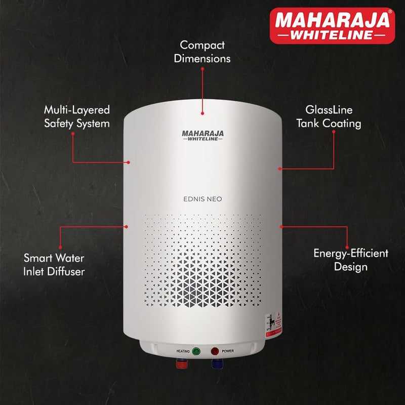 Maharaja Whiteline Energy Efficient Water Heater EDNIS NEO 25L | 4-Star Rated with Polymer-Coated Inner Tank, Smart Inlet Diffuser & Durable Metal Body | Long-Lasting Design with 5-Year Tank Warranty