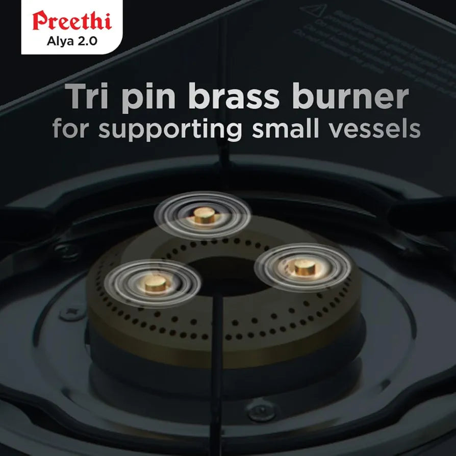 Preethi Alya 3 Burner Glass Top Gas Stove | 5-Year Warranty on Glass & Burners | ISI Certified |